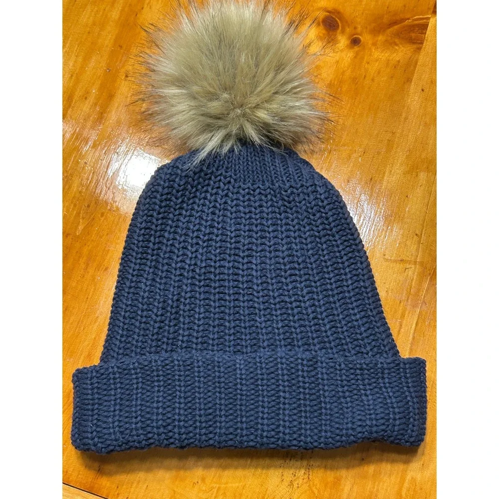 Love Your Melon Granola Navy Blue Cotton Cuffed Beanie Faux Fur Pom Hat USA